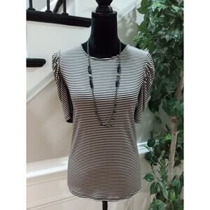 Adrianna Papell Women's Black White Striped Short Sleeve Round Neck Top Blouse S